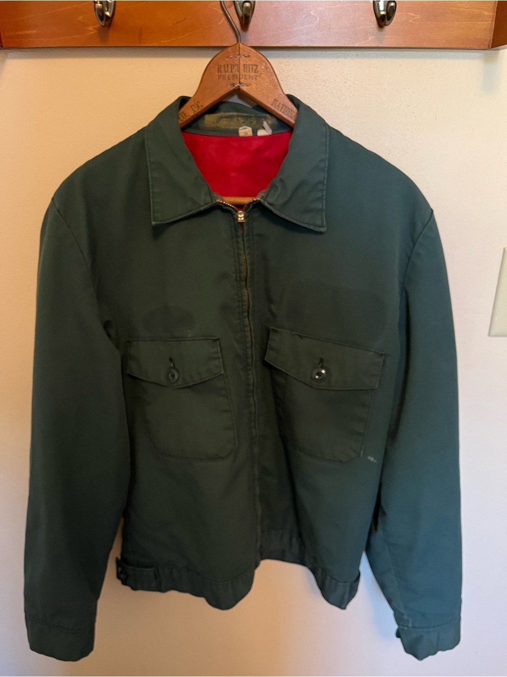 Vintage Durable Press Green Work Jacket with Red Lining - Casual Coat - M
